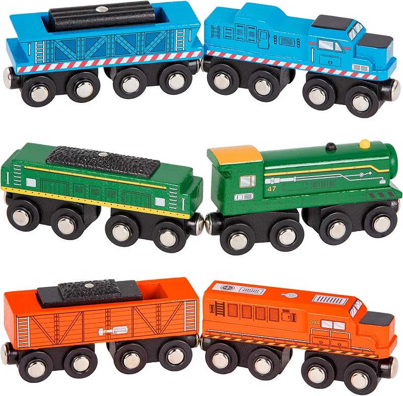 Classic Trains Wooden Train Cars, Magnetic 6-Piece Set, Vehicles | 6-piece wooden train set with 3 locomotives and 3 freight cars that connect by magnet, Red, White, Black, Vehicles, 3+ Years