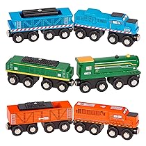 Battat – Locomotive e carri merci in legno – Set ferroviario in legno da 6 pezzi – Treni giocattolo magnetici – Motori e vagoni dei treni – 3 anni +