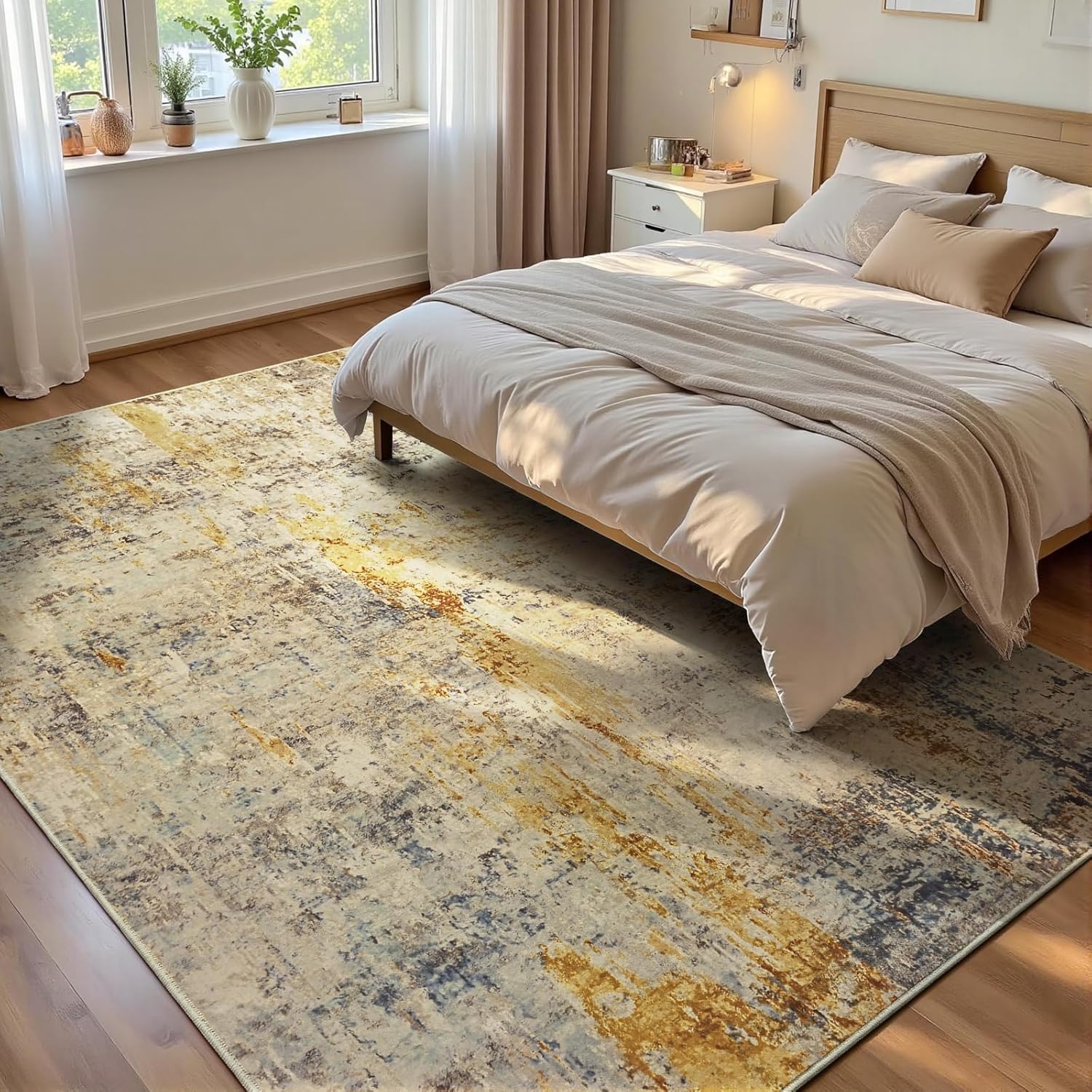 Tapis de salon antiderapant fini les glissades tapis lavable abstrait beige 200x280