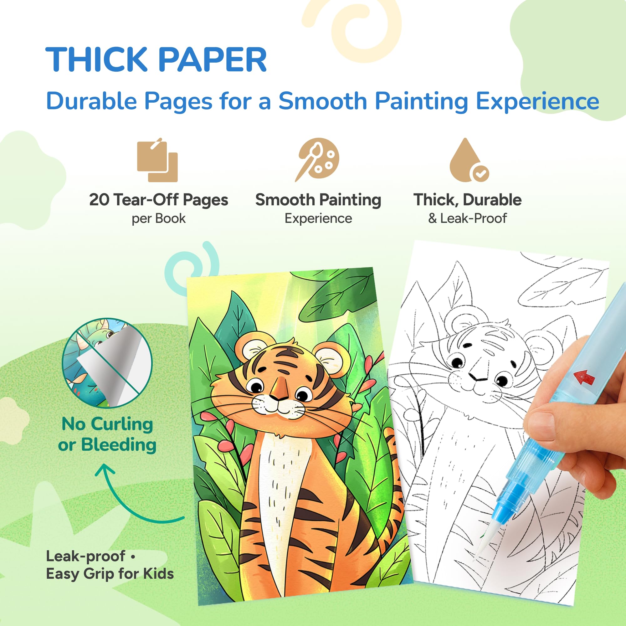 JoyCat Set da 2 Libri da Colorare con Acquerelli per Bambini, Set di Attività Creative e Artistiche, Kit Creativo da Viaggio e Casa, Regali per Ragazze e Ragazzi da 3 a 8 Anni (Verde Chiaro & Verde)