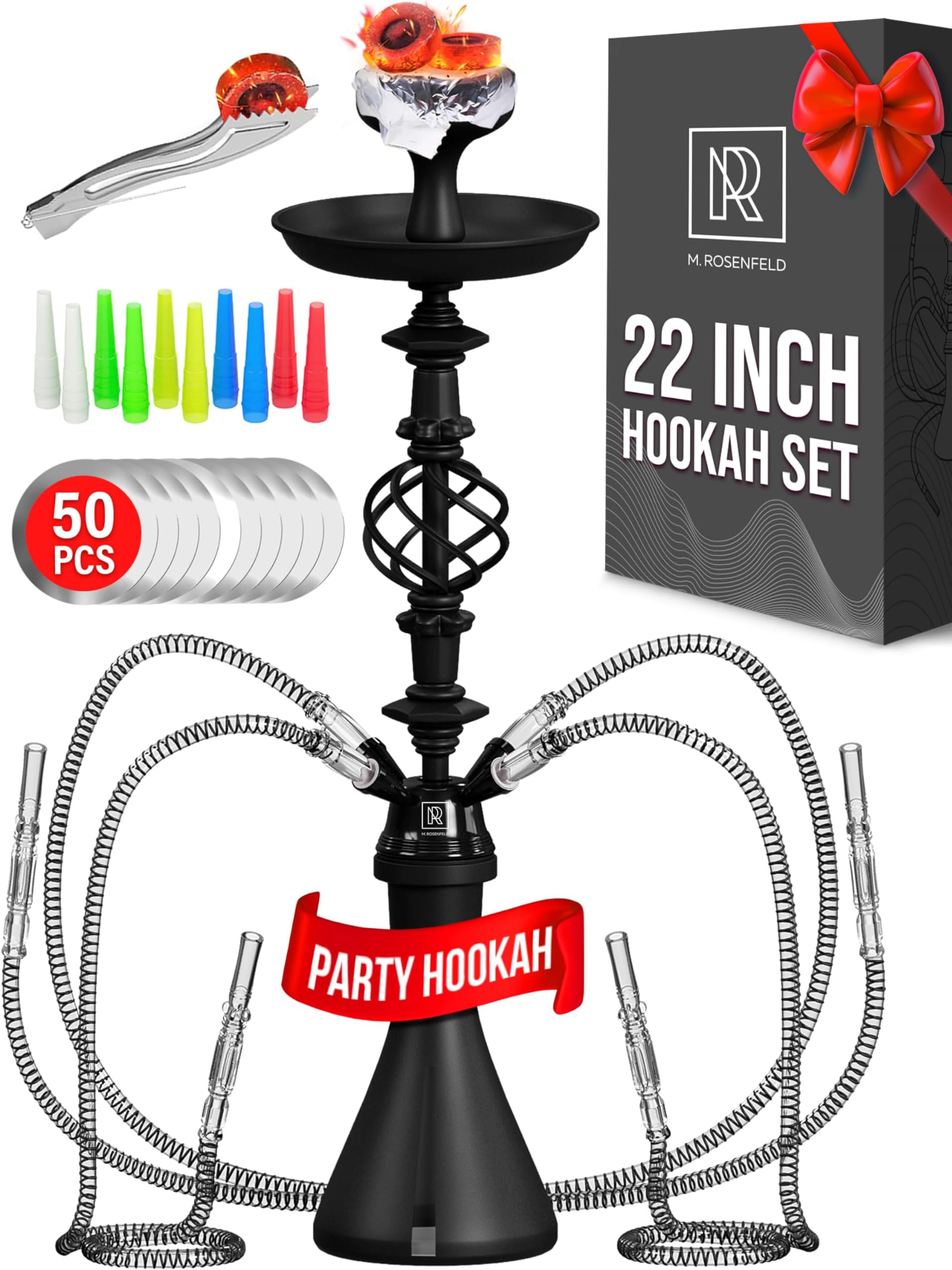 Black Hookah Set With Everything - 22 inch 4 Hose Hookah set - Black Hookah 4 Hose Set with 50x Foil Big Silicone Bowl 10x Tips and Tongs