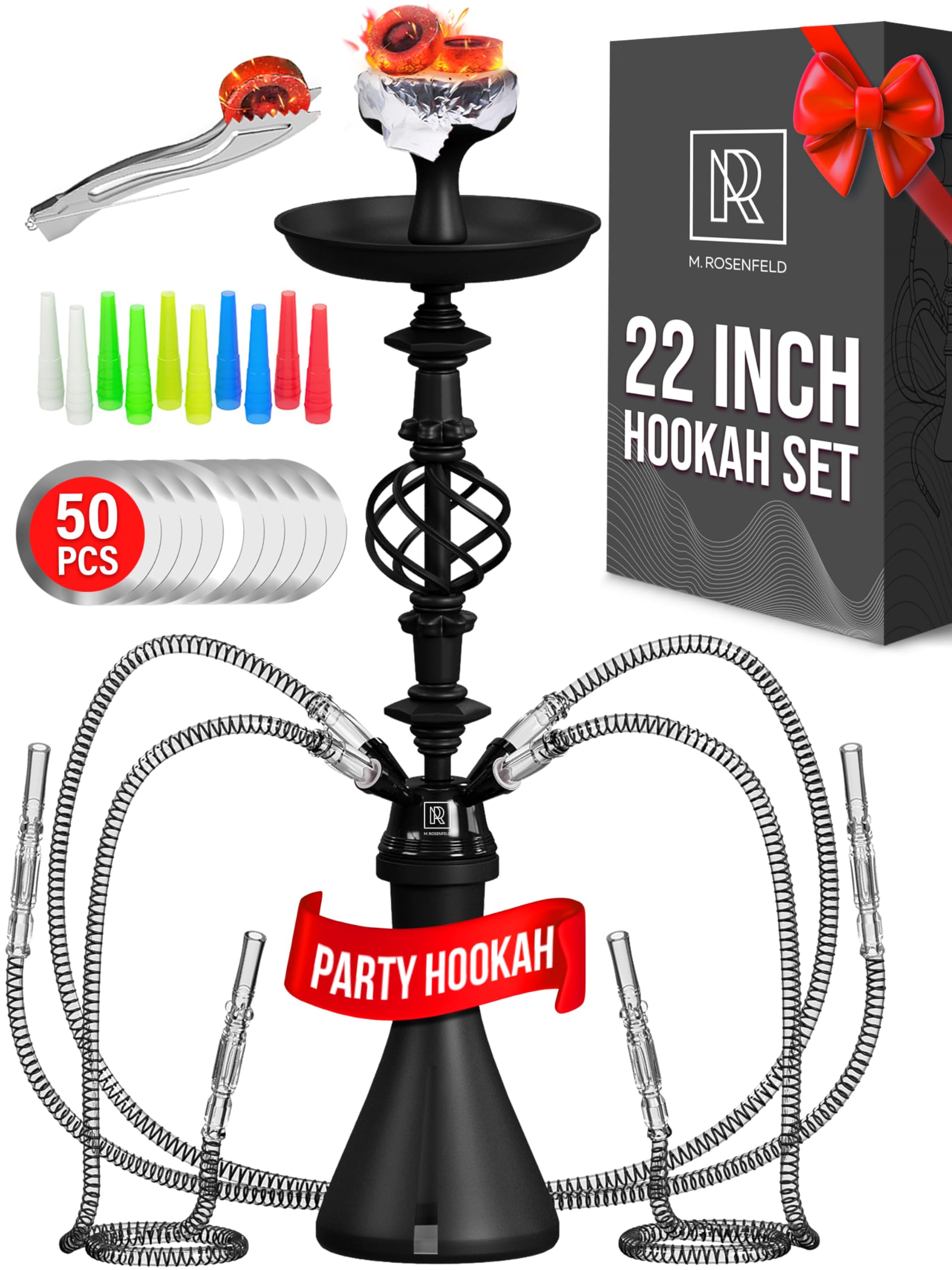 Black Hookah Set With Everything - 22 inch 4 Hose Hookah set - Black Hookah 4 Hose Set with 50x Foil Big Silicone Bowl 10x Tips and Tongs