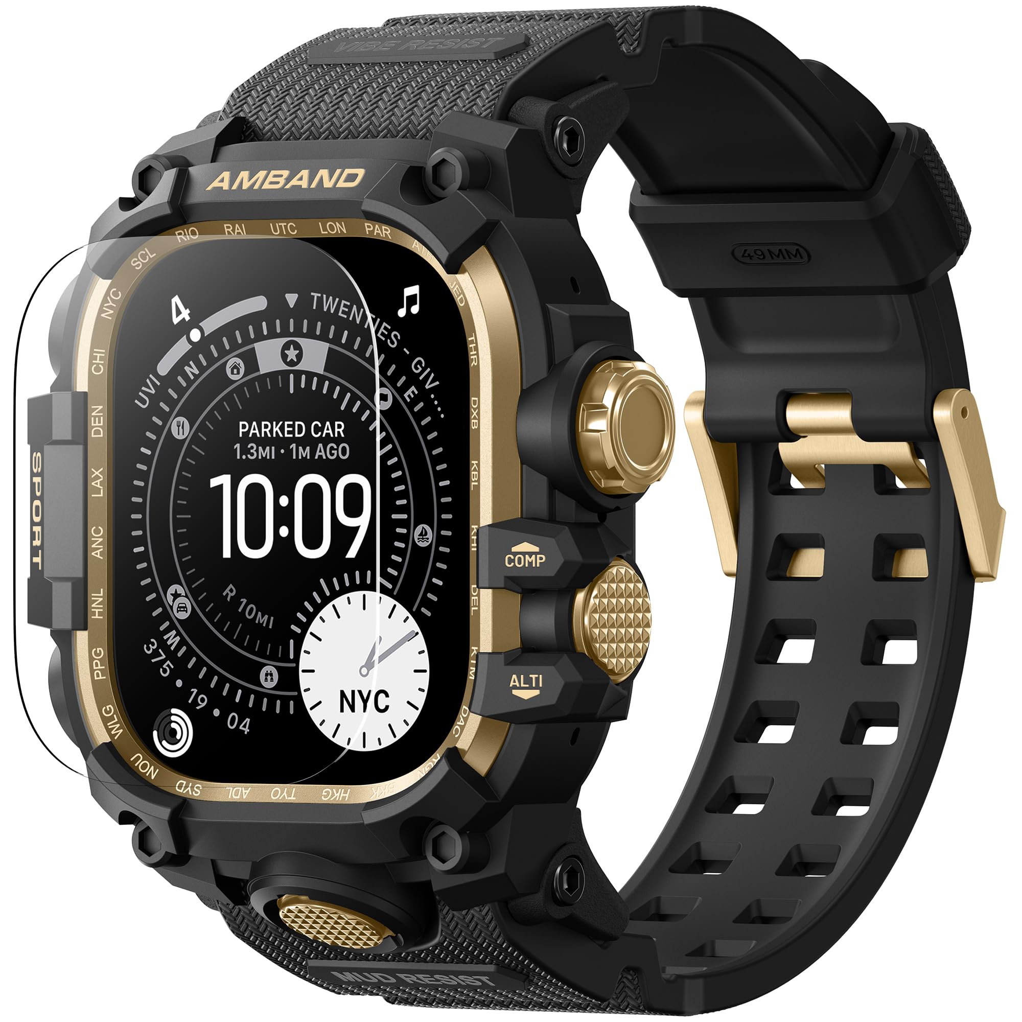 Rugged Case with Band for Apple Watch Ultra 3/2/1 49mm, M3 Military Grade Shockproof Cover, Includes Screen Protector Kit, Tactical Band for Men - Compatible with iWatch Ultra, Black Gold