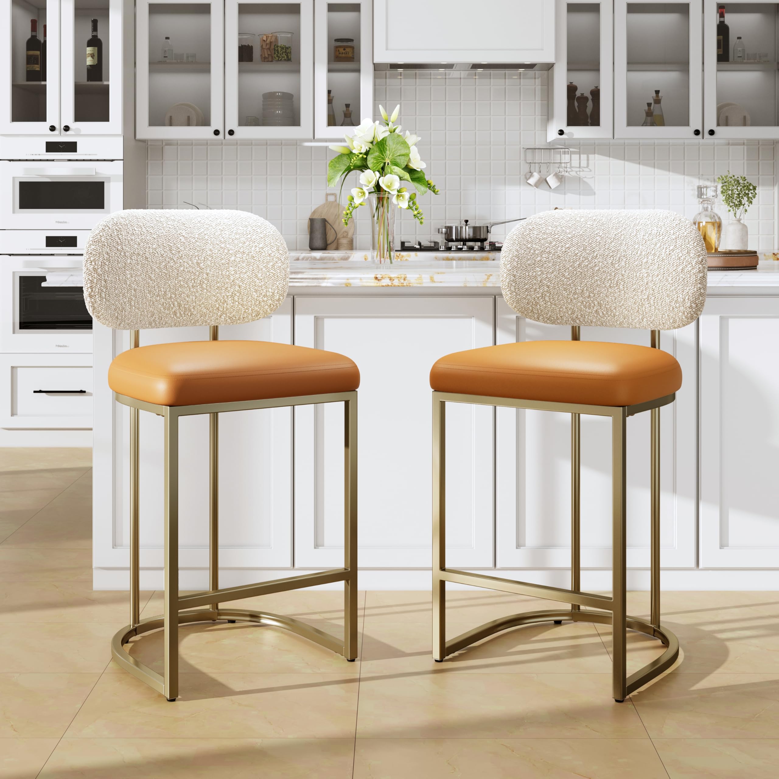 ALPHA HOME Barhocker 2er Set mit Lehne Küchenhocker mit Fußstütze Barstuhl 2er Set mit Metallgestell Barstühle für Küche, Esszimmer, Hausbar, Kurkuma