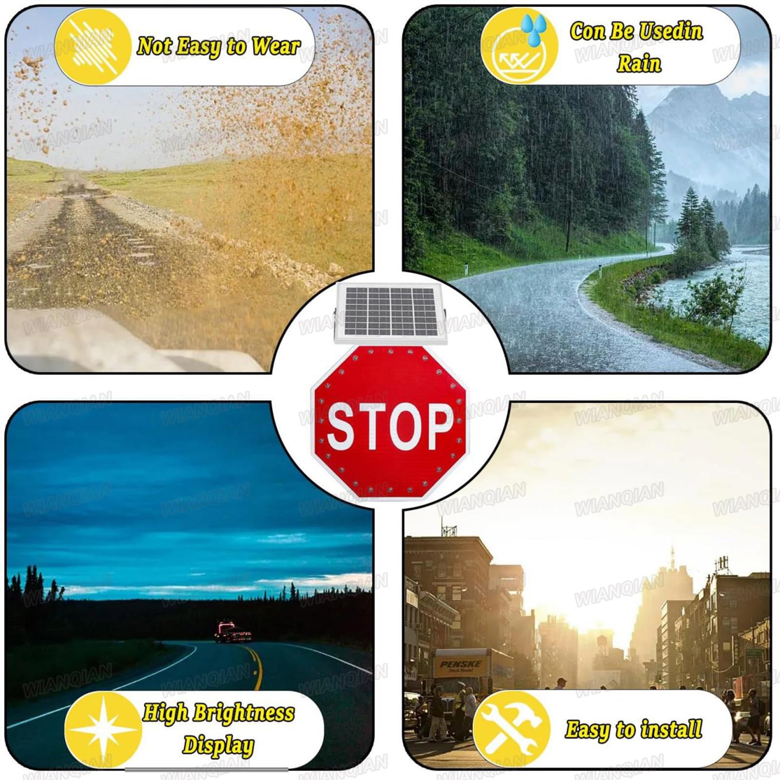Cartel Stop LED Intermitente con Sensor Crepuscular | El sensor de luz puede activar el parpadeo del anochecer al amanecer; otra opción permite aviso continuo 24/7