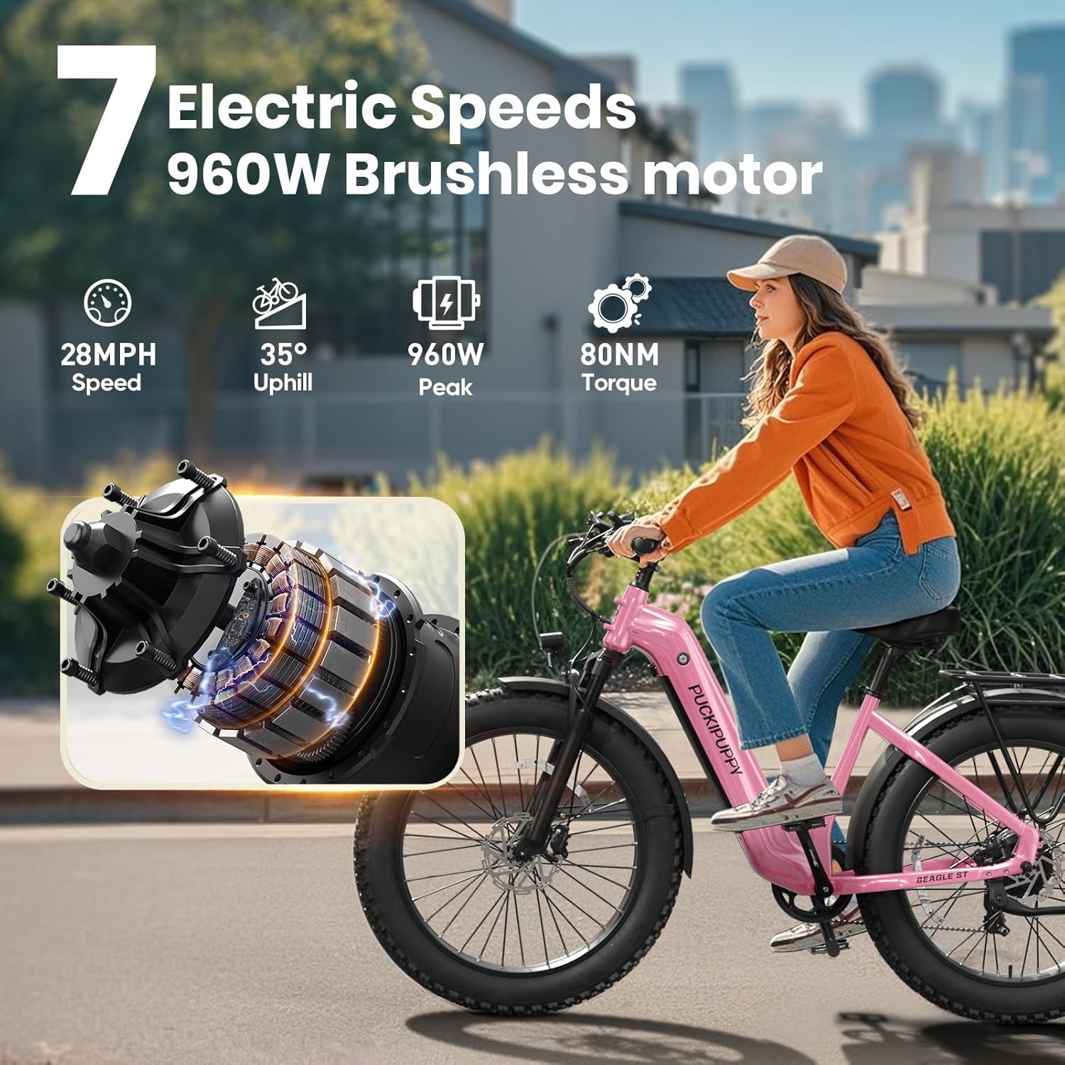 PUCKIPUPPY Electric Bike for Adults 960W, 26" Fat Tire, Step-Through Design Electric Mountain Hunting Bike, 48V 15AH Max 28MPH Off-Road Ebike with Rear Storage Shelf