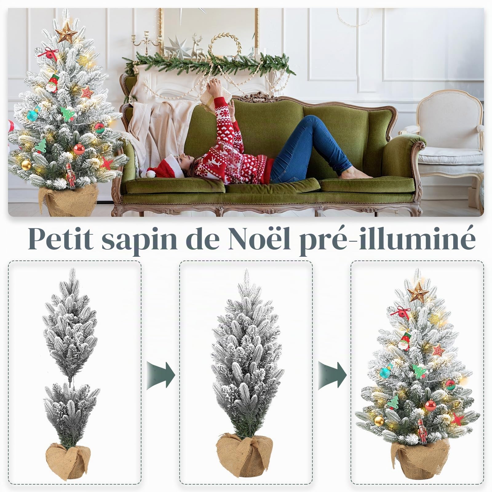 Gfilay Sapin de Noël Artificiel 90 cm Pré-éclairé avec 60 LED et 8 Modes d'Éclairage
