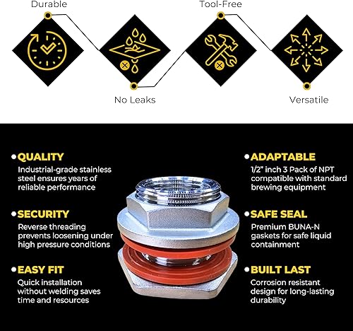 Miniatura 42 de MiniBrew Mamparo sin soldadura NPT EZ de 1/2 pulgada con juntas EPDM para elaboración casera (paquete de 3)
