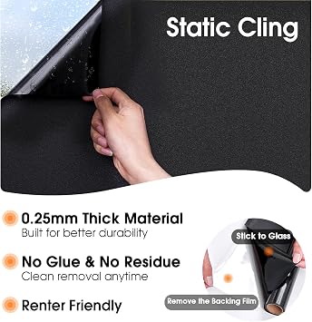 Coavas Blackout Window Privacy Film Total 100% Light Blocking Room Darkening Window Tint for Home Frosted Static Cling Black Out Cover (11.8 x 78.7 Inch, Blackout)