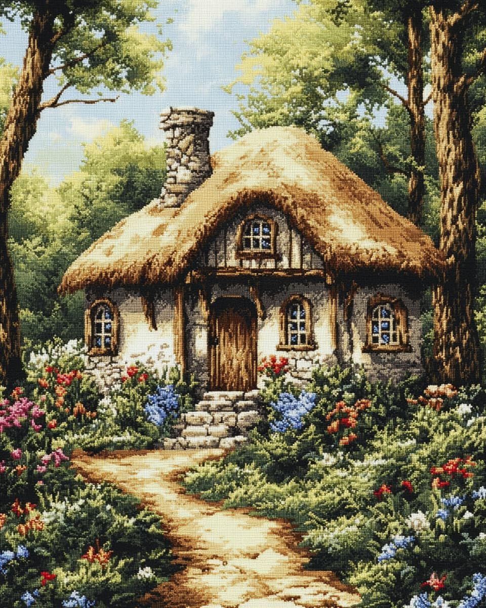 AMBATTERY DIY Easy Cross Stitch Kits, Cabin in the Woods 11CT Stamped Embroidery Starter Kit for Cross-Stitch Supplies Needlework Craft
