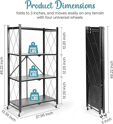Miniatura 2 de Estante plegable de 4 niveles, color negro, resistente y duradero, estantes plegables multiusos para almacenamiento con ruedas de bloqueo, fácil de