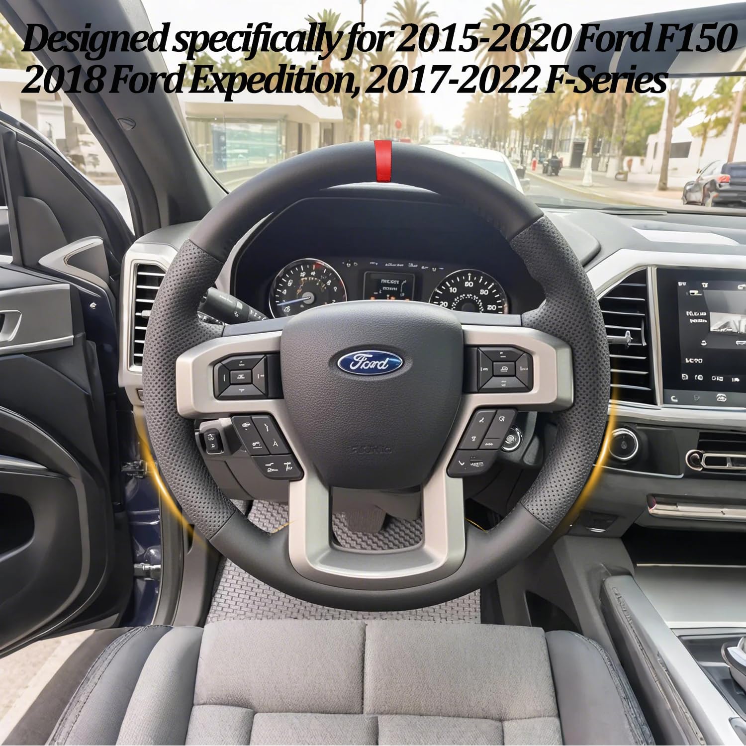 Hand Stitch Steering Wheel Cover Customized Compatible with 2015-2020 Ford F-150, 2018 Ford Expedition,2017-2022 F-Series Super Duty Red