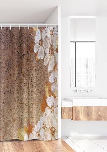Miniatura 2 de Ambesonne Cortina de ducha Grunge Stall, patrón de flores y hojas en pared agrietada con líneas florales, diseño clásico, juego de decoración de