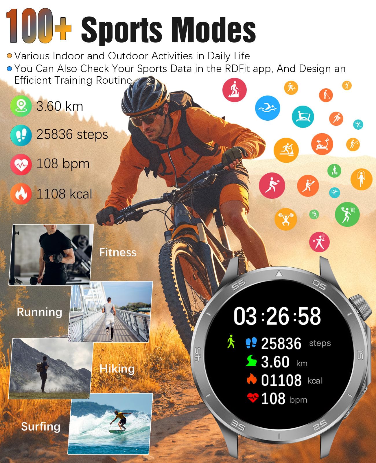 Montre intelligente homme GPS sport écran HD 1,54" étanchéité IP67 appel/miss call moniteur fréquence cardiaque suivi sommeil fitness Android