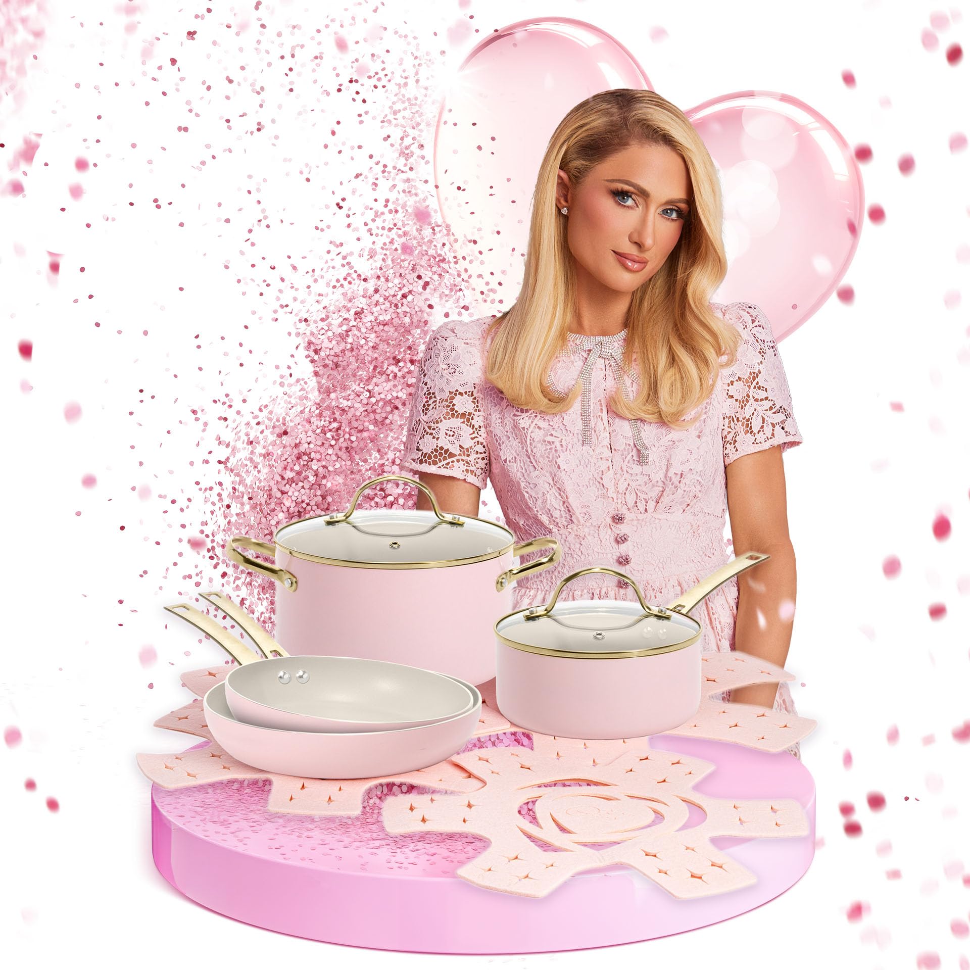 FACKELMANN Paris Hilton – Batería de cocina de 10 piezas – Aluminio y cerámica antiadherente, apta para inducción, apto para lavavajillas, color rosa, crema y dorado