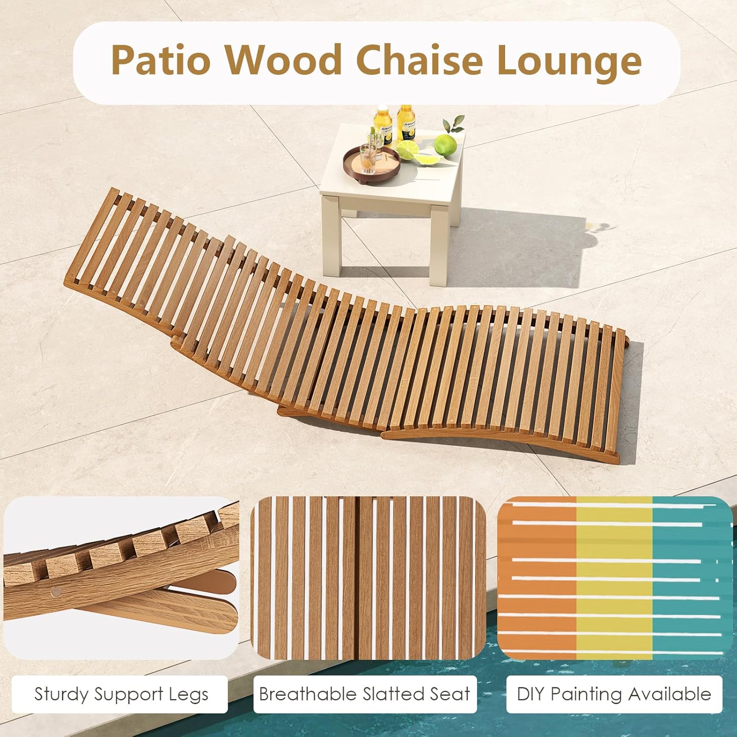 Tangkula Patio Folding Wooden Lounge Chair, Teak Wood Pool Chair with Slatted Seat, Outdoor Portable Low-Profile Sun Lounger for Poolside, Backyard, Porch, Beach (1)