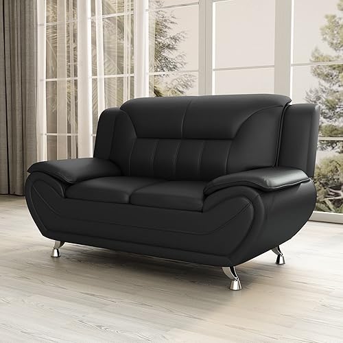 Miniatura 9 de Michael Modern - Sofá biplaza tapizado de piel sintética con patas de acero inoxidable para sala de estar, color negro