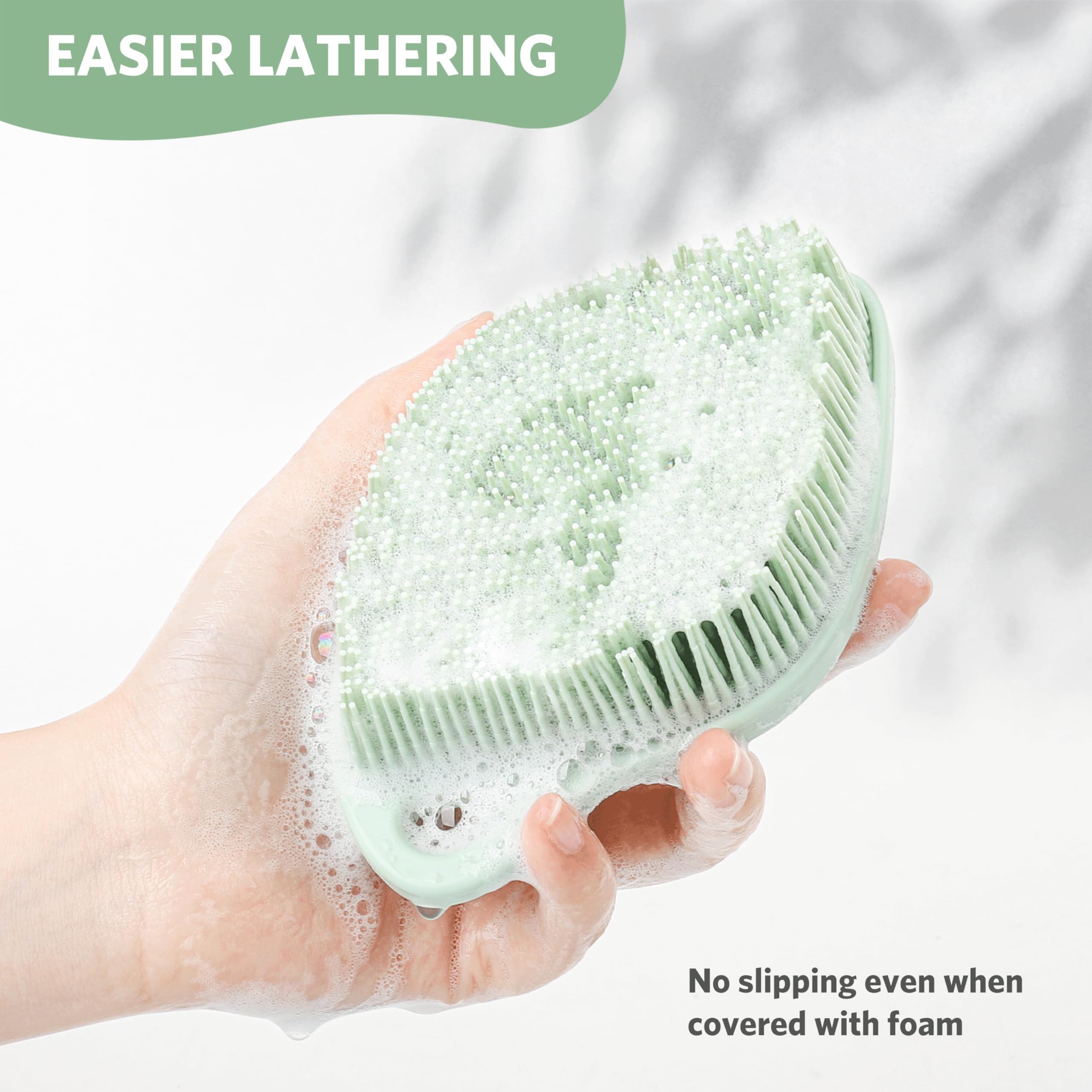 Sndyi Silicone Body Scrubber, Gentle Exfoliating Body Scrubber for Sensitive Skin, Leaf Shaped Shower Scrubber for Body with Lathering Bristles, Silicone Loofah Body Brush for Showering,: Green