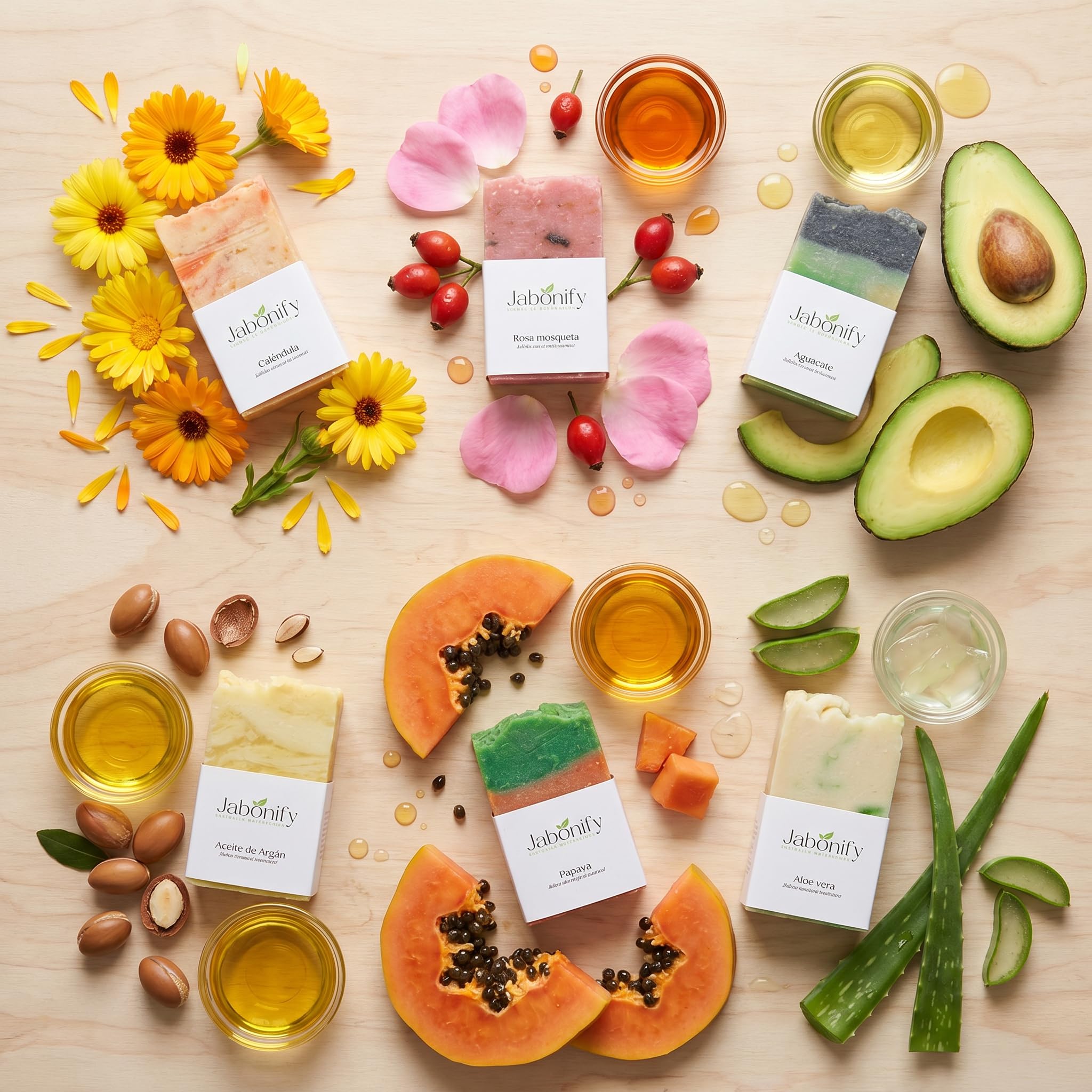 Pack Regalo Jabones Naturales Artesanales, 6 Unidades x 100gr, Barra Hidratante, con Rosa Mosqueta, Argán, Caléndula, Aloe Vera, Papaya y Aguacate