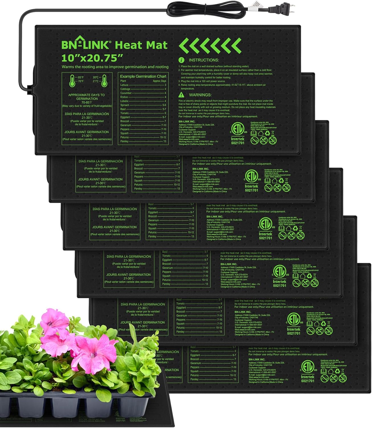 BN-LINK Durable Seedling Heat Mat for Seed Starting 10" x 20.75", 6 Pack Waterproof Warming Mat for Plants Germination, Plant Heating Pad for Indoor Growing, Hydroponic, Greenhouse, ETL Listed