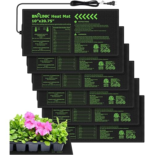 BN-LINK Durable Seedling Heat Mats for Seed Starting 10" x 20.75", 6 Pack Waterproof Warming Mat Plant Heating Pad for Seed Germination, Indoor Growing, Hydroponic, Greenhouse, ETL Listed