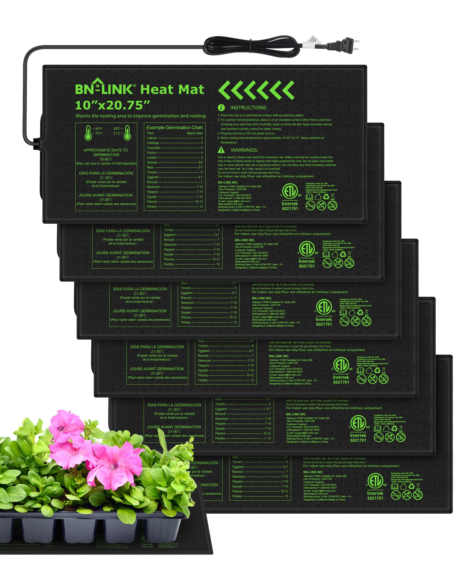 BN-LINK Alfombrilla térmica hidropónica duradera para plántulas, impermeable, 10 x 20.75 pulgadas, paquete de 6 para inicio de semillas en invernadero y germinación