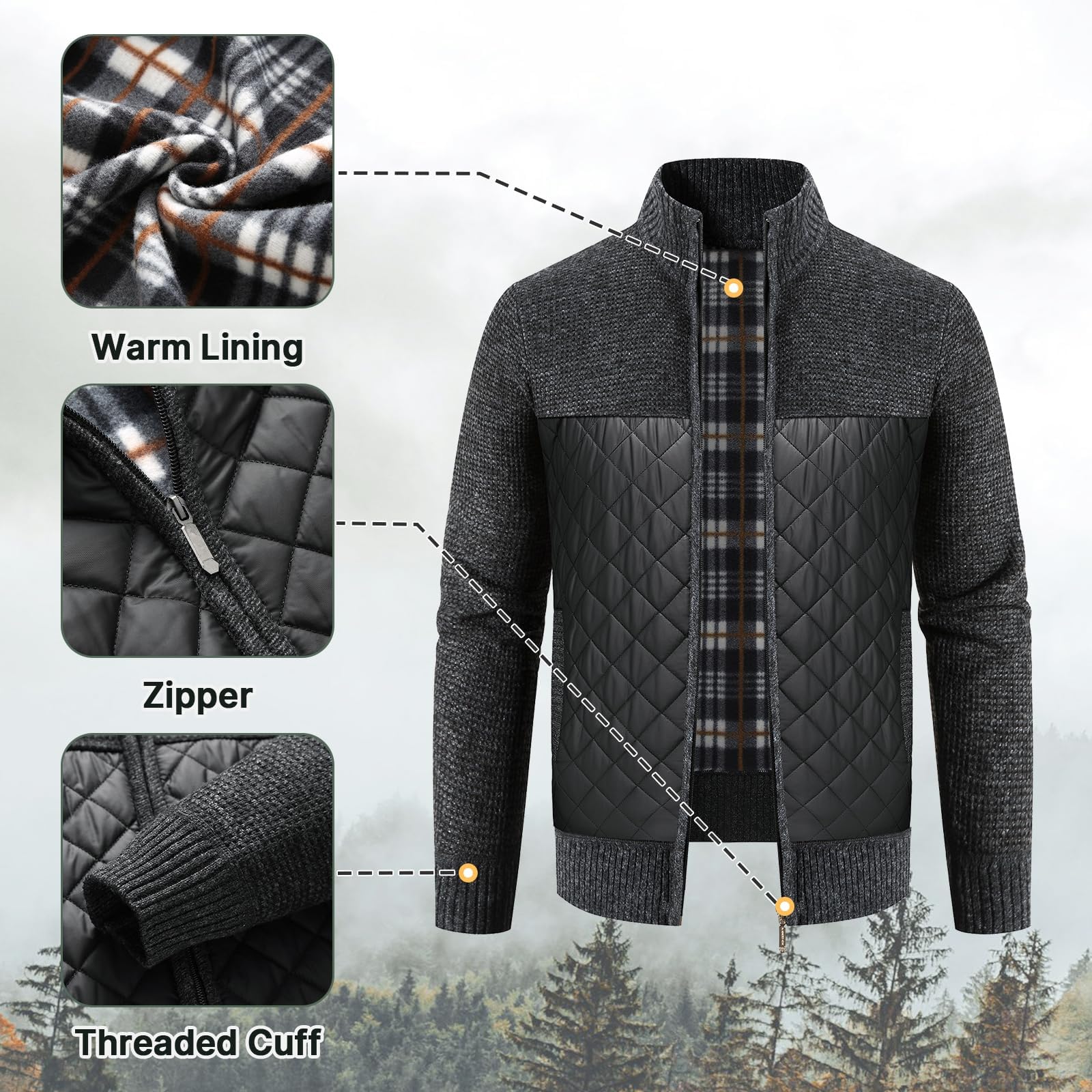 KUDORO Cardigan Gilet Homme Cardigan en Tricot Ouvrez-Front Zippé avec Col Montant Tricoté Chaude Veste d'hiver Doublé en Polaire