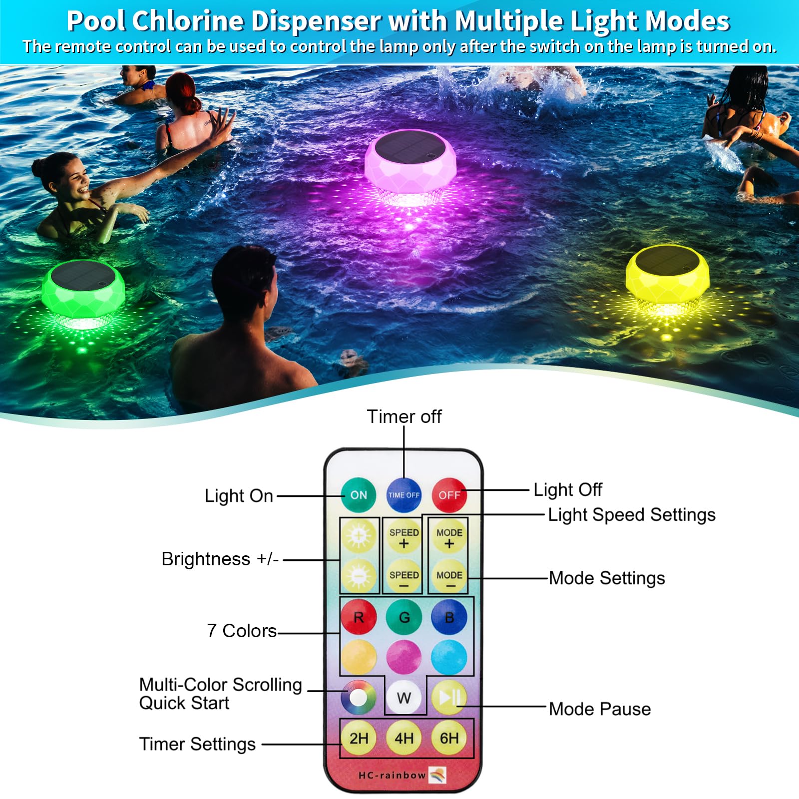 Qoolife Dosierschwimmer Pool für bis zu 4 Chlortabletten Solarlicht LED 7 Farben Pool Dosierer Chlorspender Pool Schwimmer mit Fernbedienung Einstellbar Faltbar Chlortabletten Dosierer