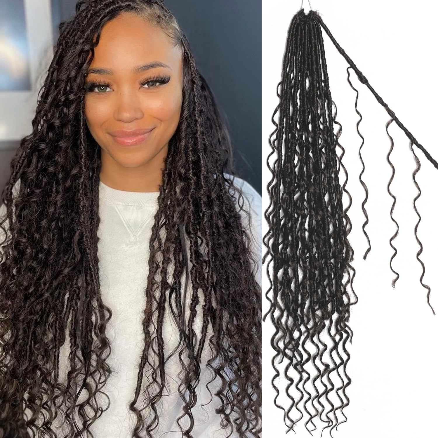 Boho Faux Locs Crochet Hair 30 Inch Goddess Locs 8 Packs Boho Soft Locs Crochet Hair with Curly Ends Pre-looped Long Bohemian River for Black Women (4#