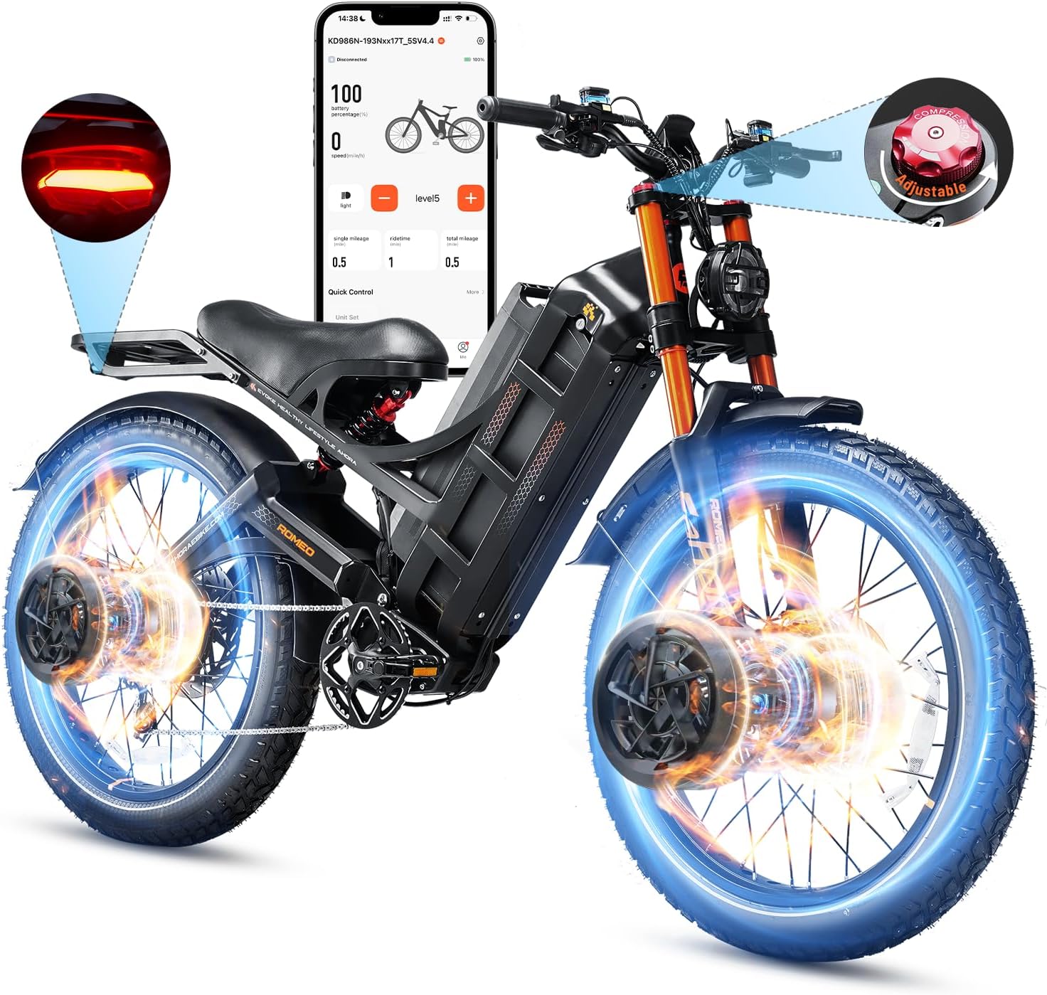 eAhora 2025 Romeo Pro 3/ Pro 2 5600W/ 4000W 50/46MPH Dual Motor Electric Bike for Adults, 80/70Ah/200+ Miles Long Range Electric Bike, 26'' Puncture-Proof Tire, 7-Speed Pedal Assist UL Certificate
