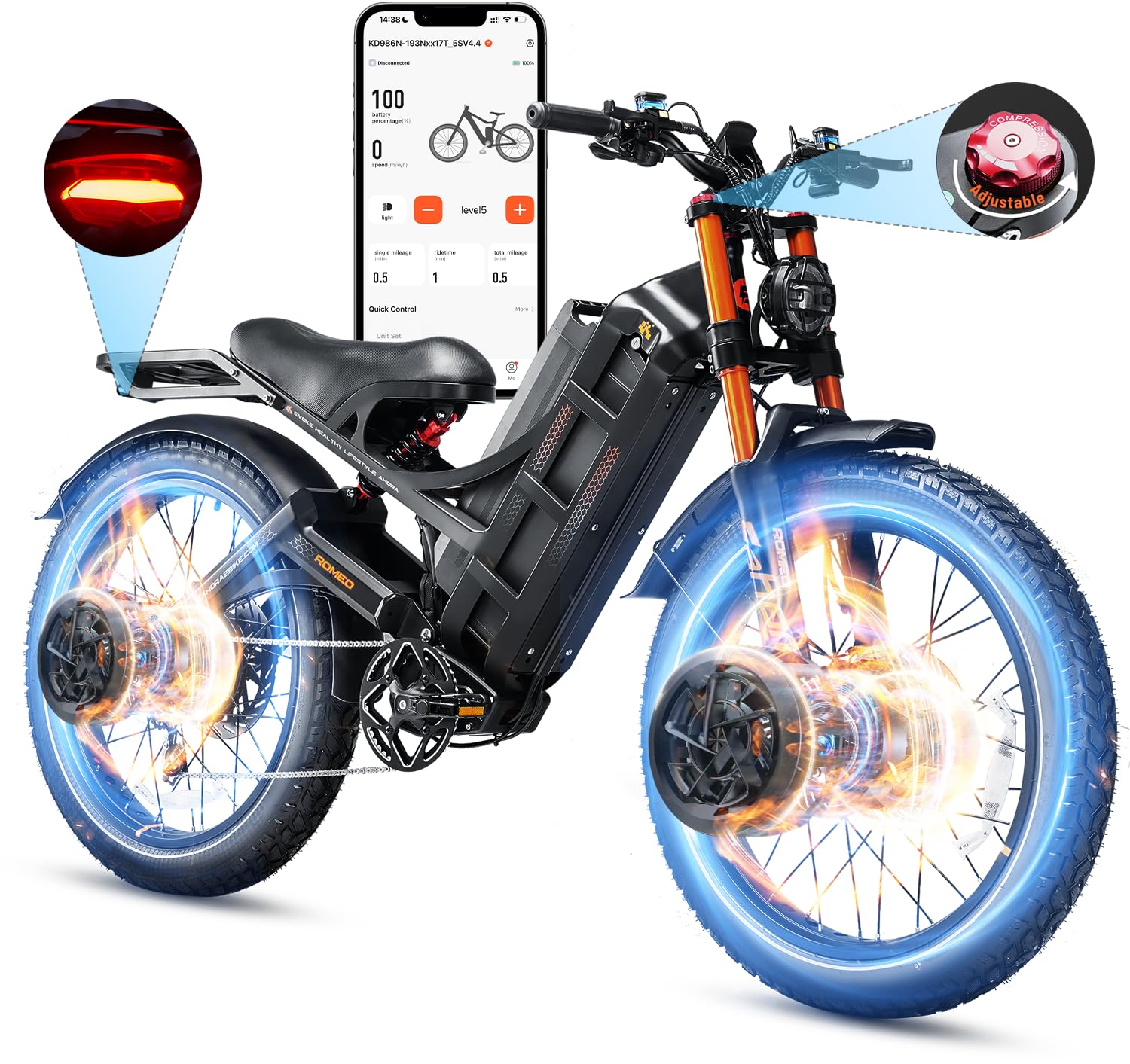 eAhora 2025 Romeo Pro 3/ Pro 2 5600W/ 4000W 50/46MPH Dual Motor Electric Bike for Adults, 80/70Ah/200+ Miles Long Range Electric Bike, 26'' Puncture-Proof Tire, 7-Speed Pedal Assist UL Certificate