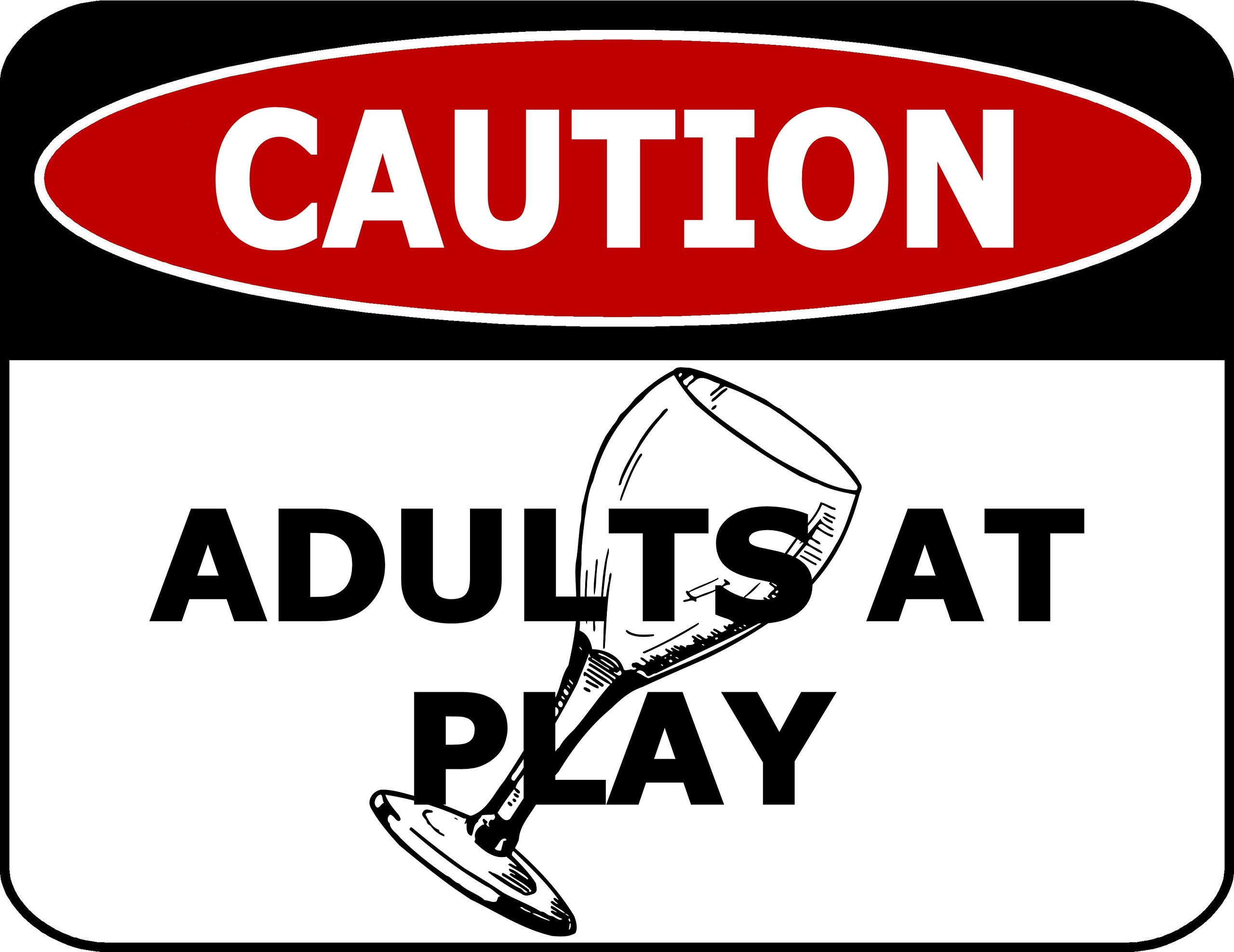 Adult Humor Caution Metal Tin Sign, Caution Adults At Play Backyard Patio Outdoor Wall Decor, 12x8 Inches Aluminum