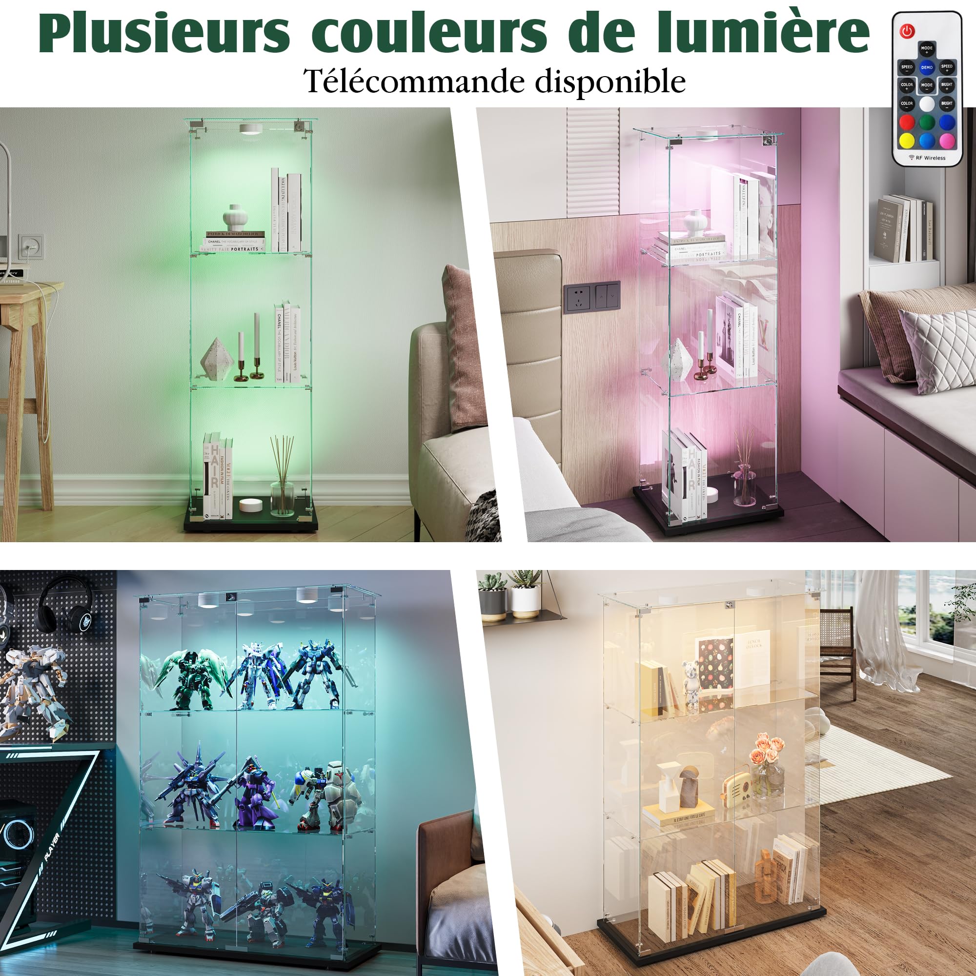 Szklana witryna z diodami LED, 123 x 60 x 35 cm, szklana gablota do kolekcji z 2 drzwiami i 3 warstwami szklanej płyty, z zamkiem bezpieczeństwa, do baru, salonu
