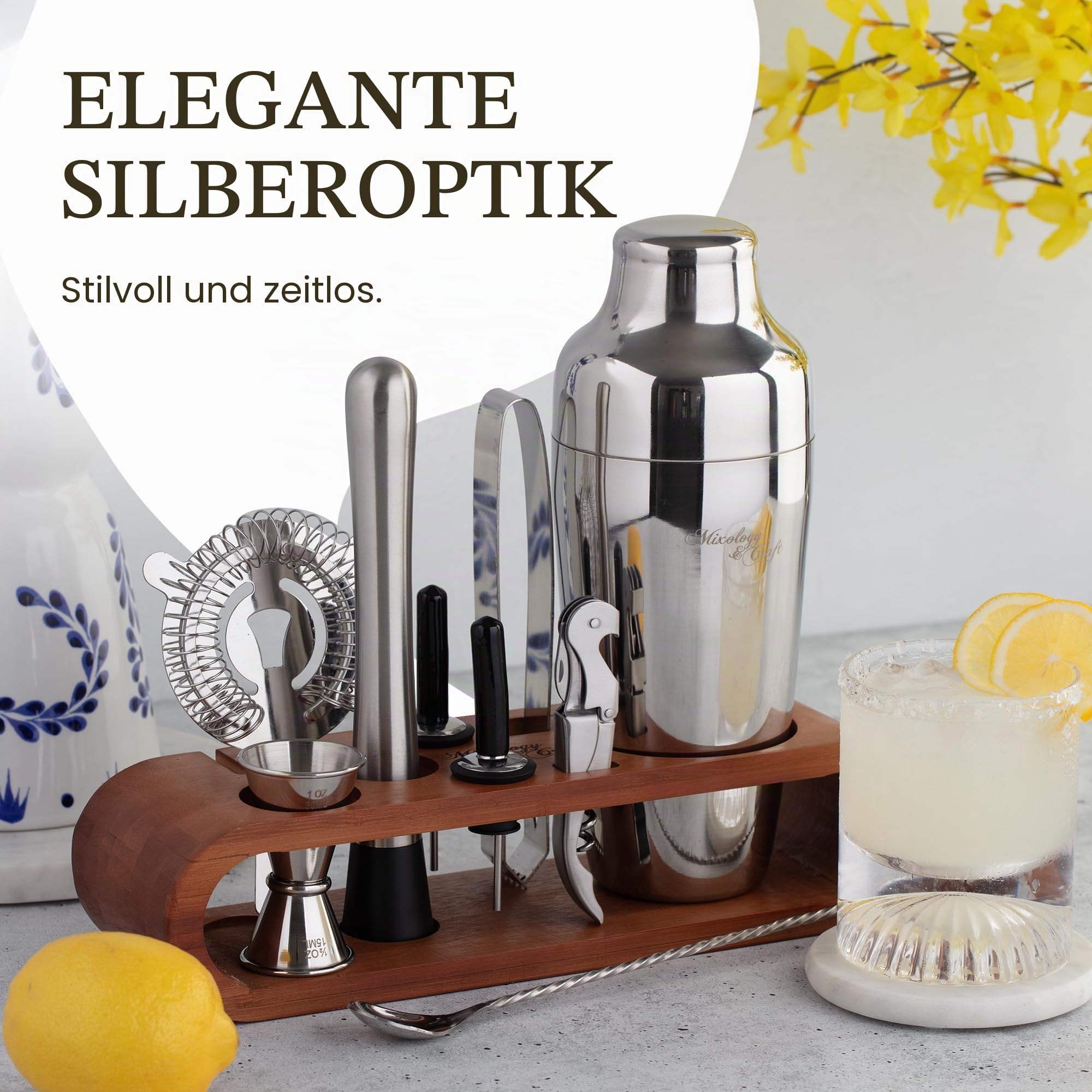 Mixology & Craft Cocktail Set (10-tlg.) - Edles Cocktail Shaker Set mit Shaker aus Edelstahl und Bar Zubehör im Holzständer aus Mahagoni - Dekoratives Geschenkset - Silber
