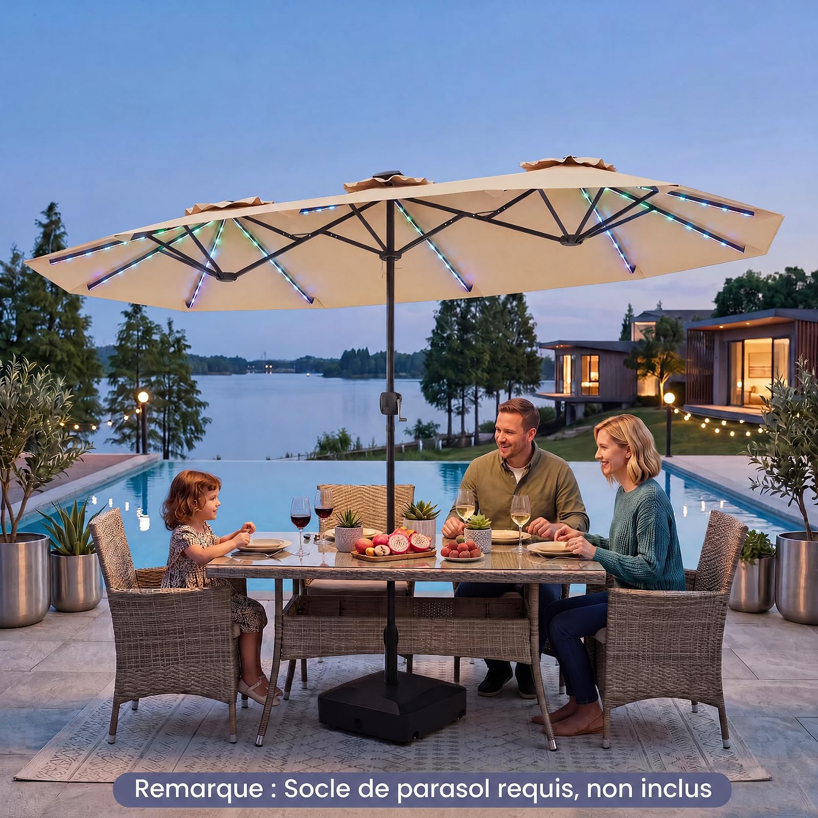 RELAX4LIFE Grand Parasol Double avec LED Multicolore, Parasol de Jardin Extérieur 4M, 12 Baleines, Manivelle, Mât en Métal Revêtu, Polyester Résistant, Abri Solaire pour Terrasse Événement (Beige)