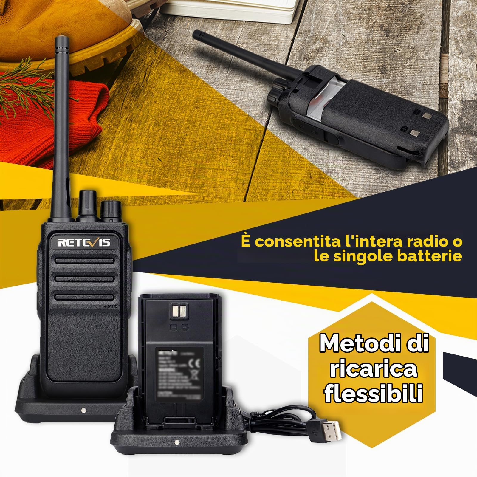 Retevis RT617 Walke Talkie, PMR446 Senza Licenza Ricetrasmittenti, VOX Squelch, Batteria da 1200mAh con Caricatore USB, Walkie-Talkie Professionali per Fabbriche, Sicuro (Nero, 1 Coppia)