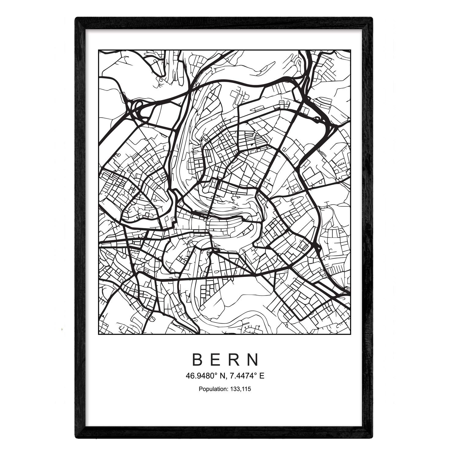 Nacnic Map of the city map Bern Nordic style in black and white. Poster A4 Framed with black frame Printed paper 250 gr. Pictures, sheets and posters for Salon and Bedroom โ image 1