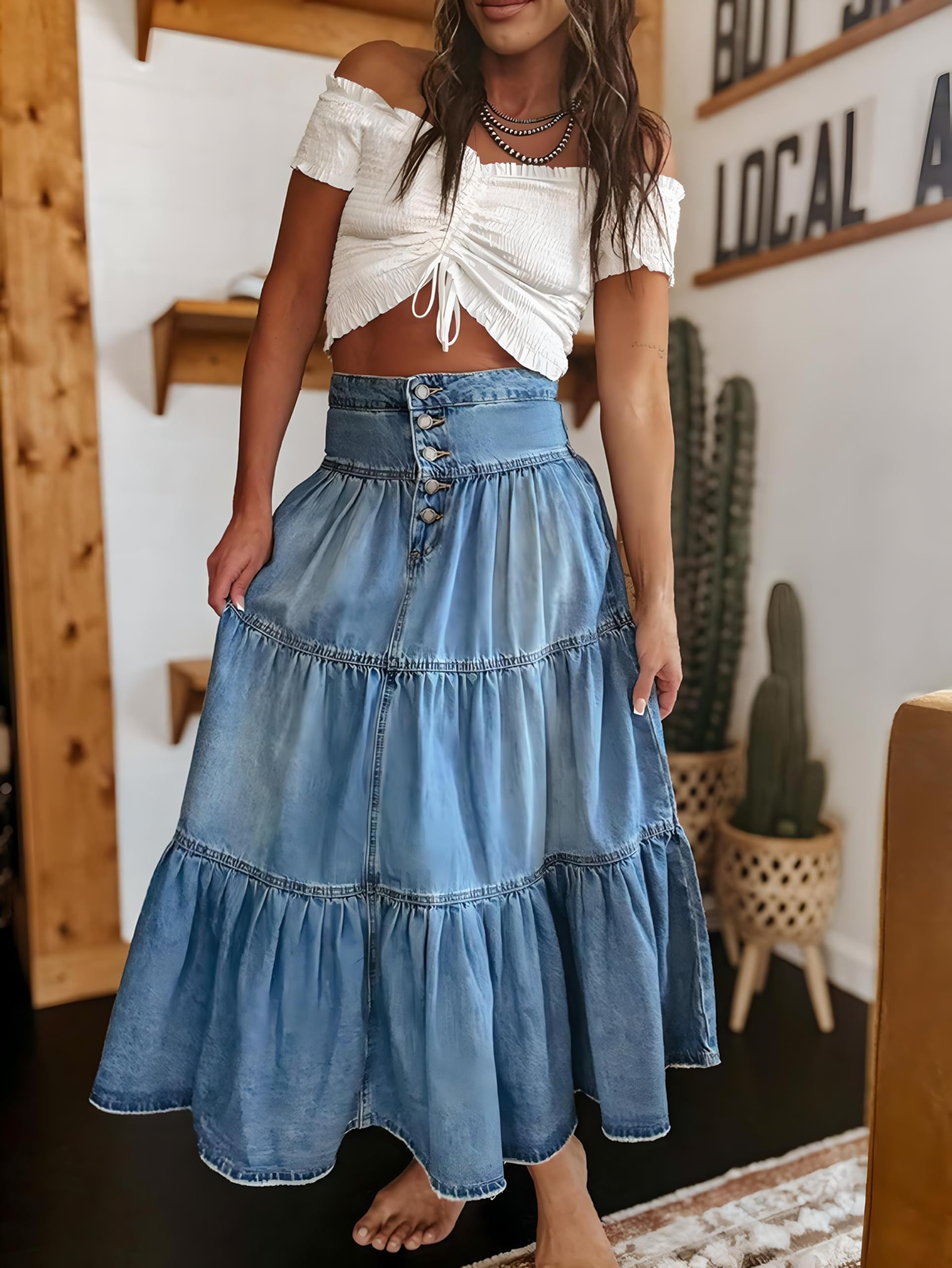 Jeansröcke für Damen Lang, Boho A-Linie Stufenrock im Denim-Look, Länge bis zum Knöchel Pflegeleichter Polyester-Mix Maxirock, Knitterarm für Freizeit Urlaub Alltag