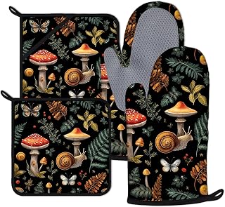 Black Mushroom Snail Oven Mitts and Pot Holders Sets 4Pcs Cute Plants Silicone Kitchen Gloves Heat Resistant Potholders for Baking Cooking Grilling BBQ