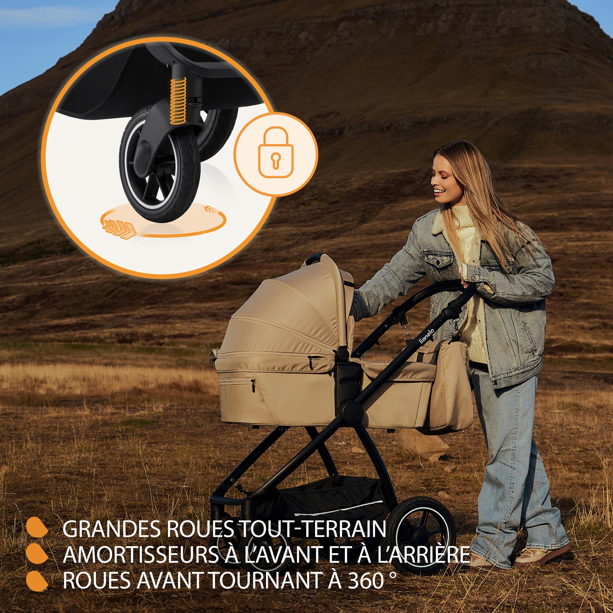 LIONELO MERIL 2 en 1 Poussette Bébé 0 à 48 Mois Jusqu'à 22 kg, Nacelle XXL Jusqu'à 9 kg, Grandes Roues Tout-terrain 360 °, Siège Inclinable Position Allongée Amortissement Complet Auvent XXL (Beige)
