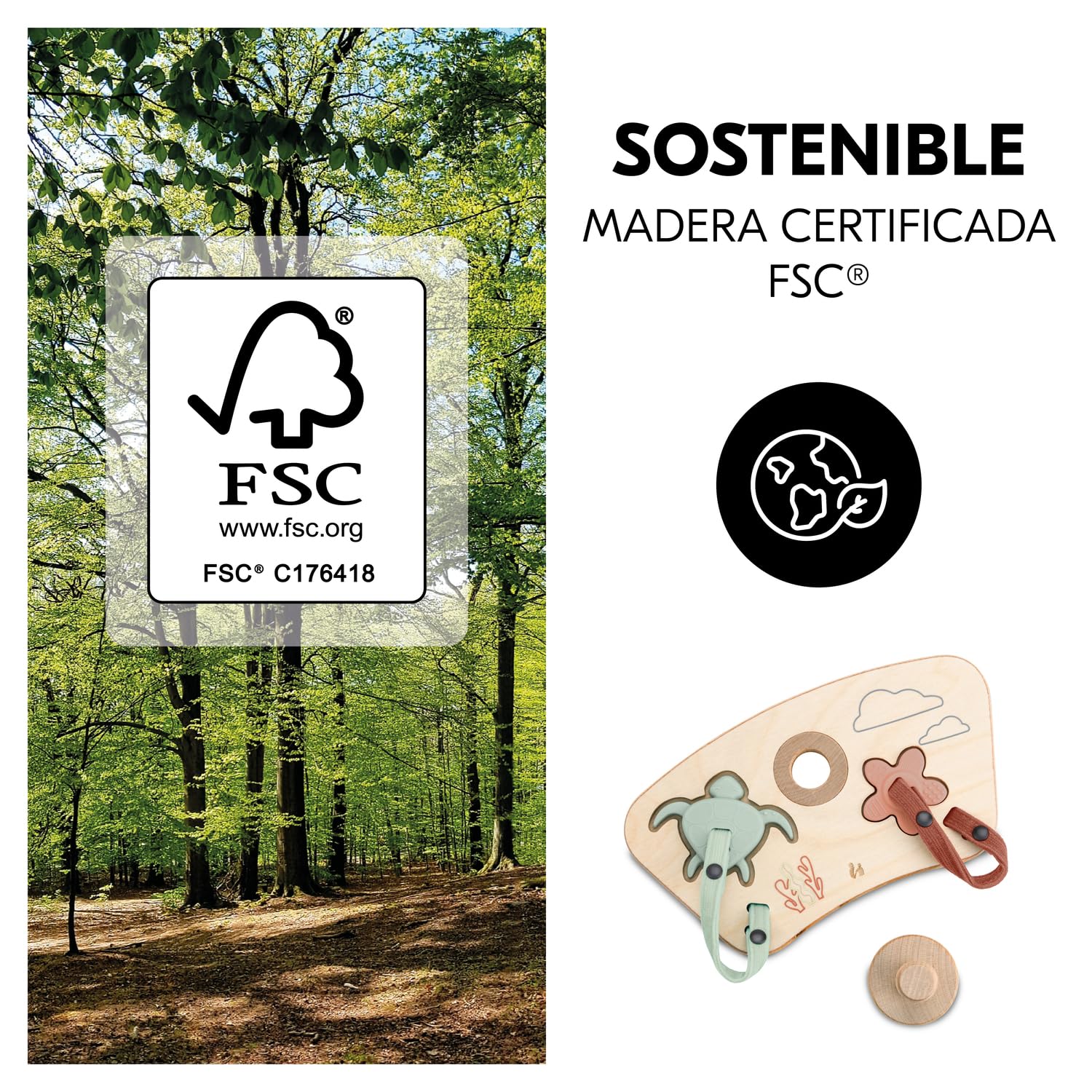 hauck Juego Encajables Bebé para Alpha+, Beta+ y Arketa - Puzzle para Niños de Madera y Silicona Alimentaria - Estimula Coordinación Mano-ojo - Juguetes desde 10 Meses - Turtle & Flower