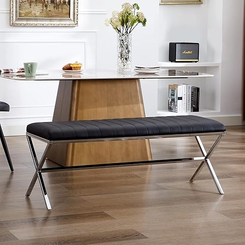 Miniatura 7 de DUHOME Banco de entrada moderno tapizado de piel sintética, banco de tocador con patas en X de metal, banco de dormitorio copetudo para sala de