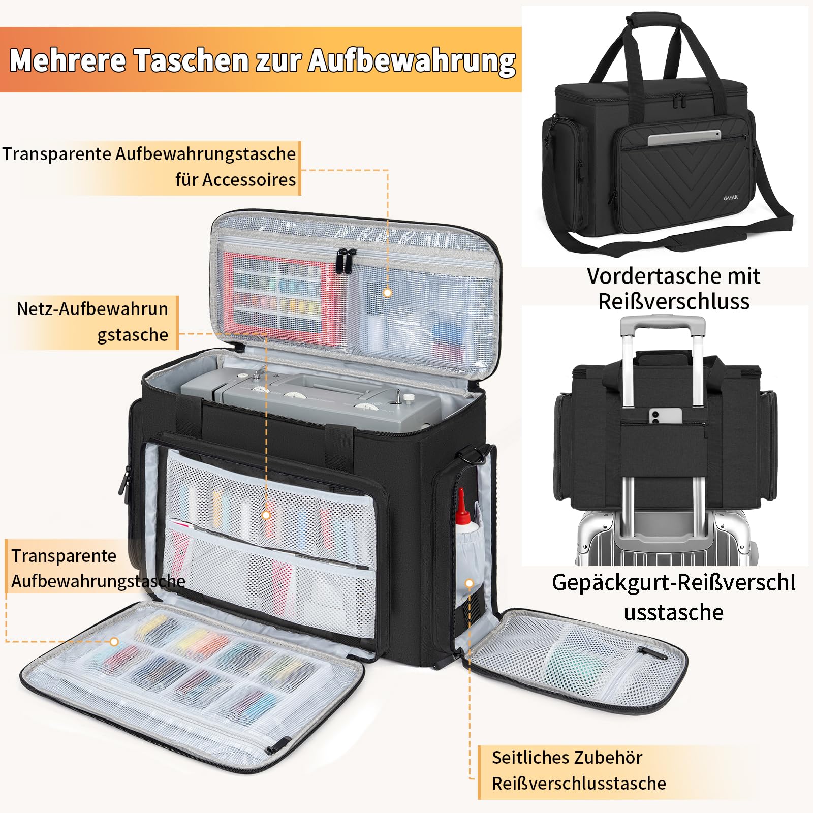 OUUTMEE Nähmaschinentasche,Nähtasche Passend mit Tragegriff und Schultergurt für die meisten in Standardgröße Nähmaschine,Schwarz