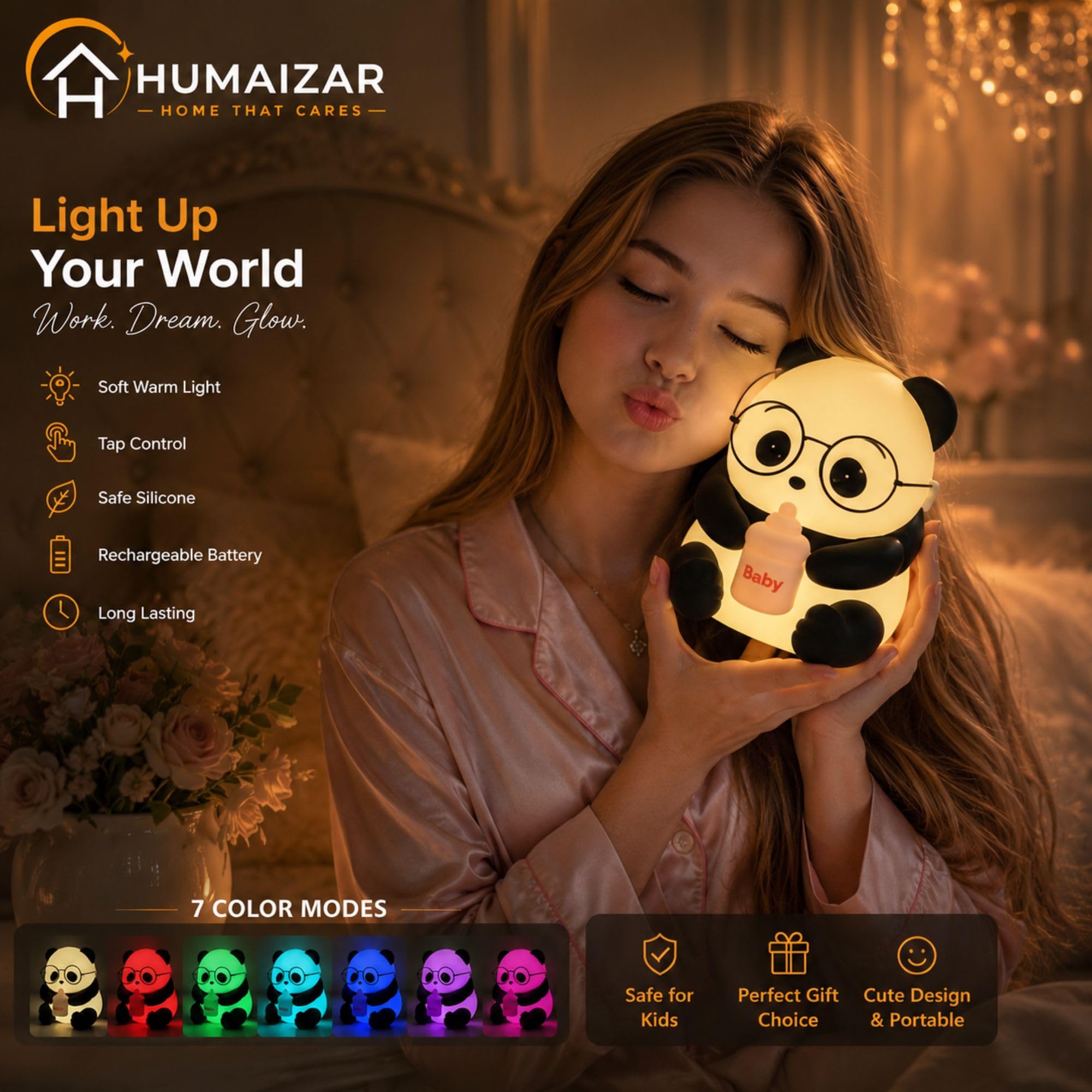 HUMAIZAR Baby Panda Night Lamp, Rechargeable 7-Colour Touch Light 4