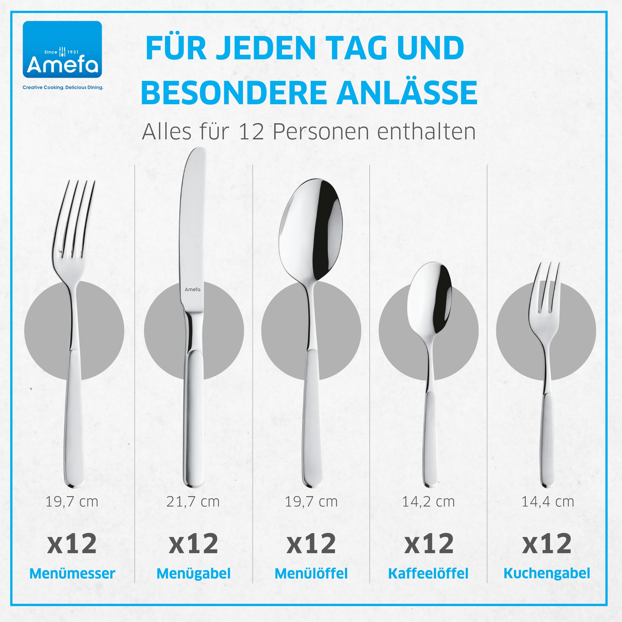 Amefa SATINA Besteck Set 60-teilig, Besteck für 12 Personen, Spülmaschinenfest, Besteck Rostfrei 18/10 Edelstahl, Spezial-Wellenschliff, Gehärteter Klingenstahl