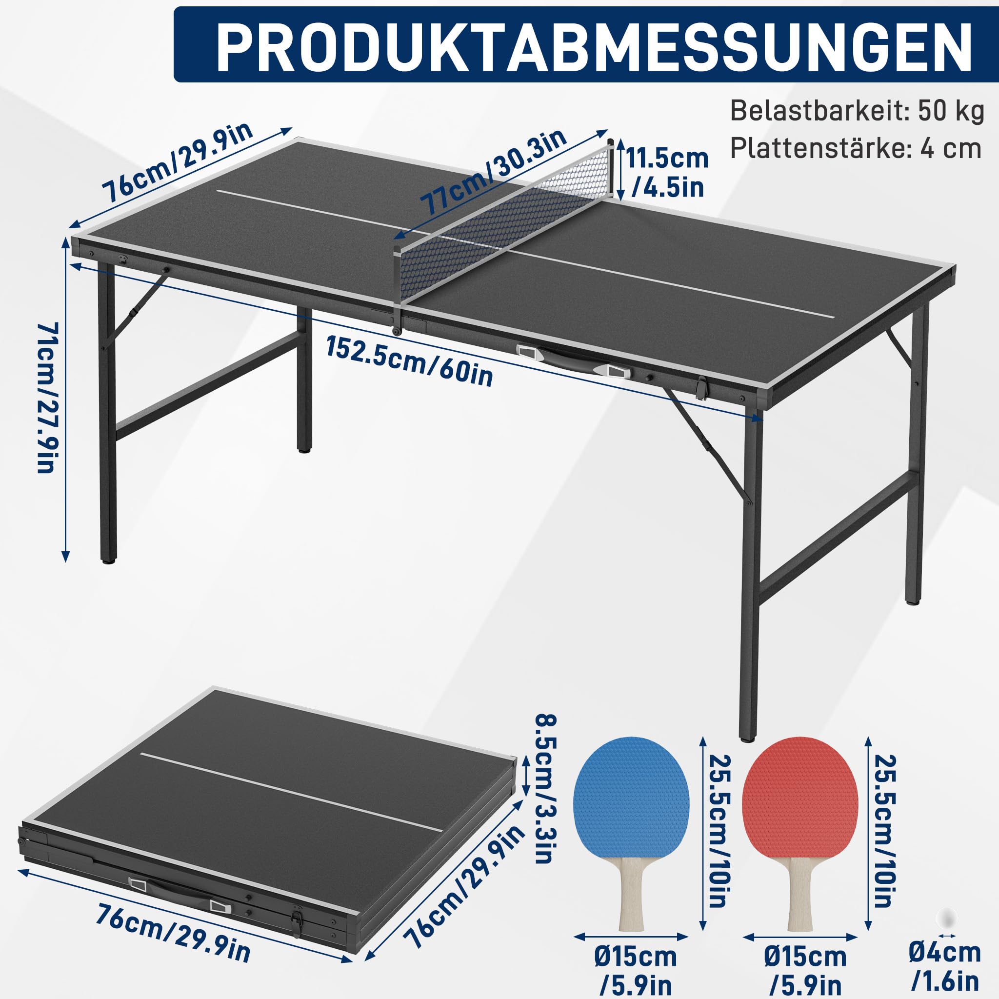 NAIZY Mini tavolo da ping pong pieghevole, 152,5 x 76 cm, per casa e interni | Tavolo da ping pong per esterni, pieghevole, nero/blu, set con palline da ping pong e rete da mountain bike