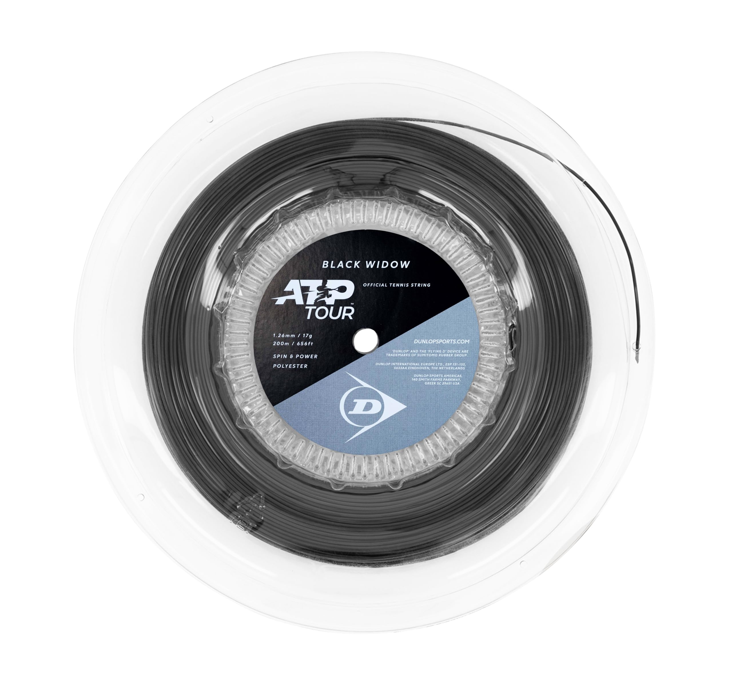 Dunlop Black Widow 17G Black 200m Tennis String Reel – Seven-Sided Spin Polyester Reel