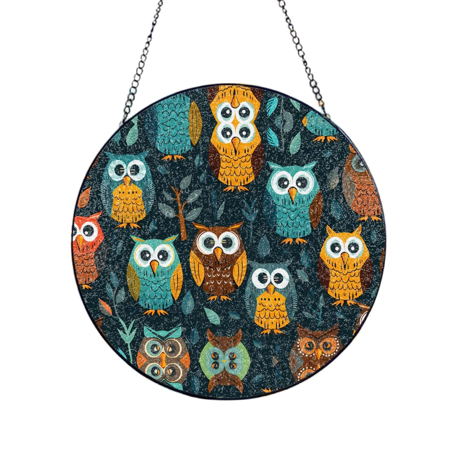Phayah Plump Owl Print Glass Window Hanging Sun Catchers Suncatcher Decor For Birthday For Home Garden Porch 8in（20cm）