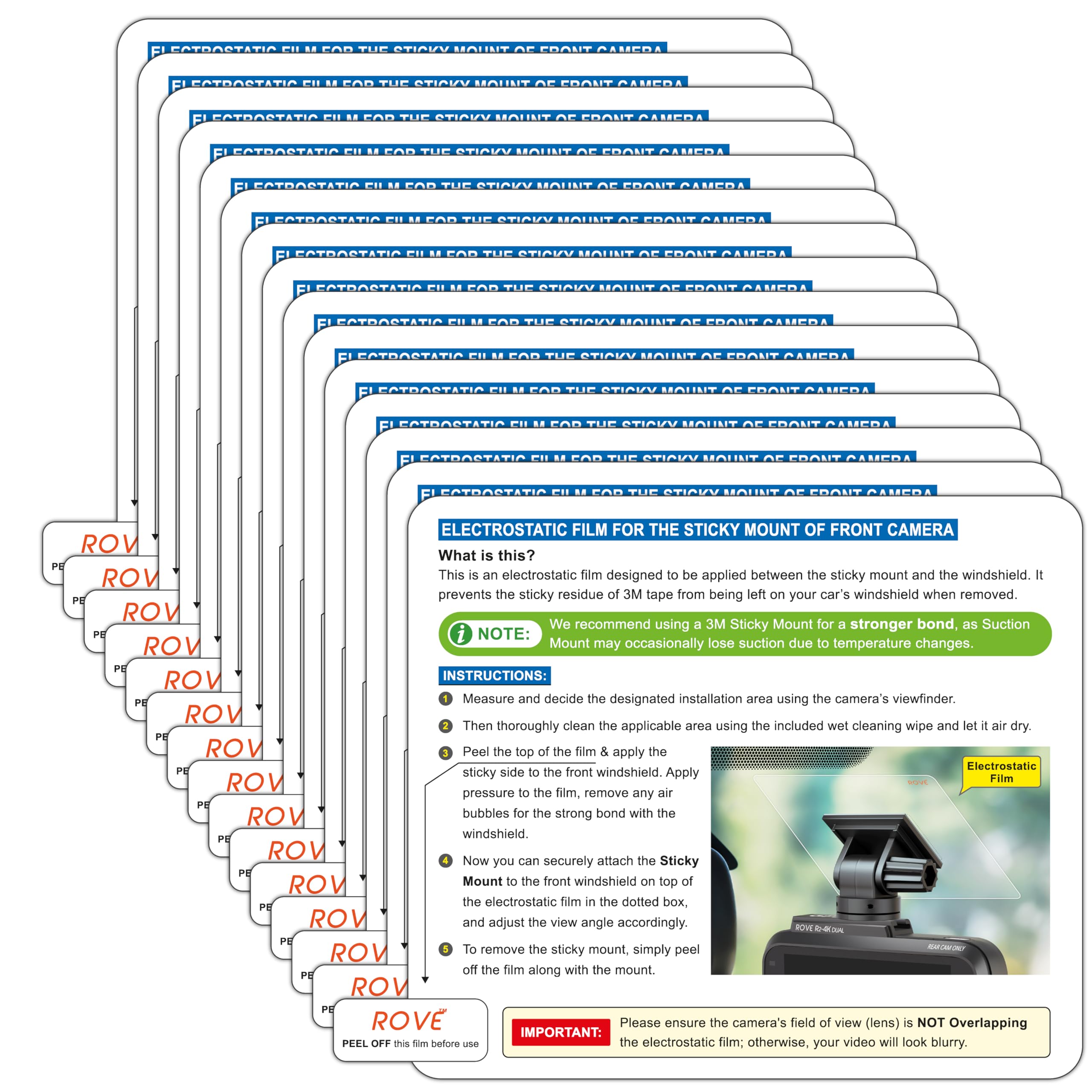 ROVE Windshield Electrostatic Films, 15-Pack, for Dash Cam Mounting – Compatible with R2, R2 PRO, and R2 Dual (Front)