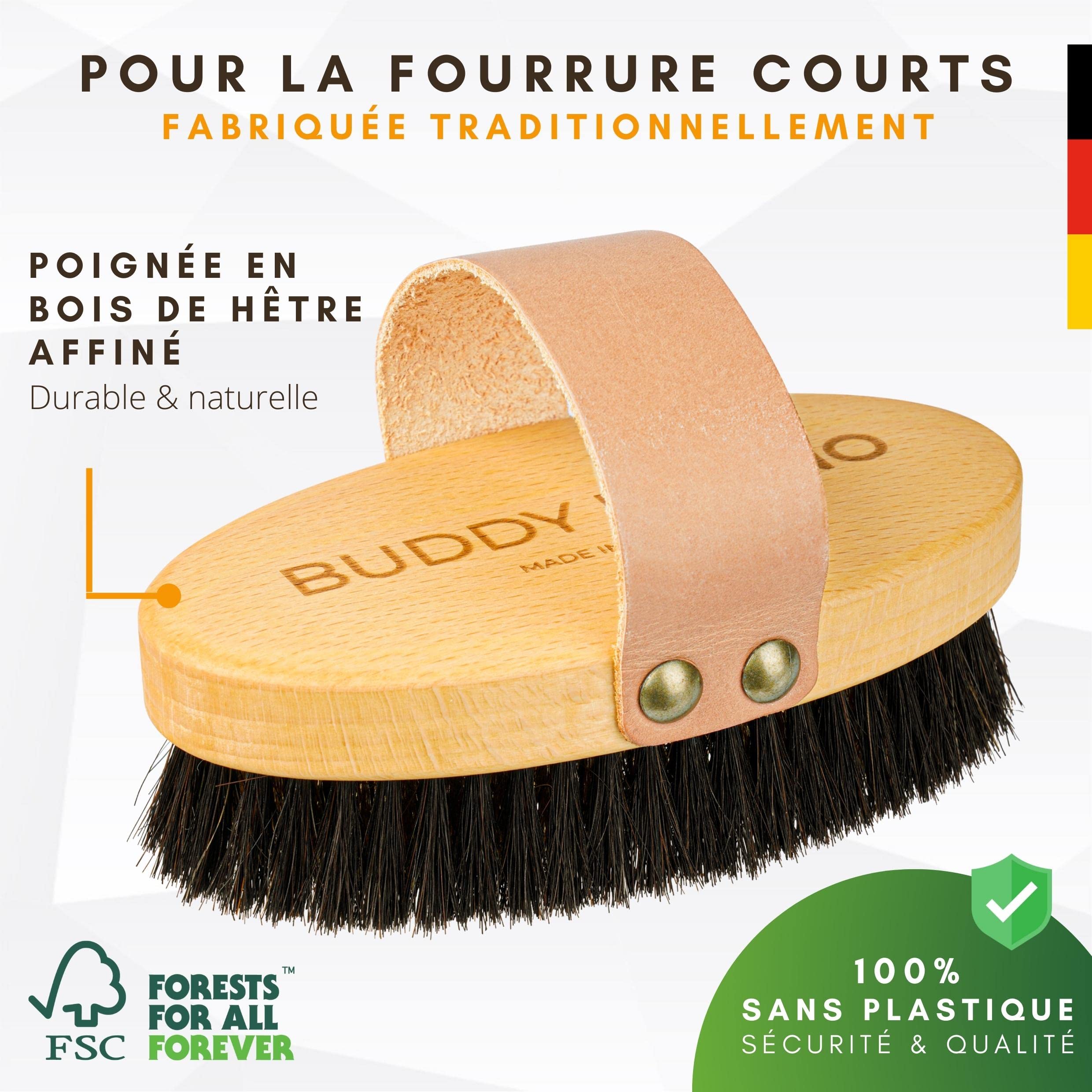 BUDDY BRUNO® brosse pour chien et chat á poil court, 100% naturel, énergétique pour le soin quotidien du pelage, brosse étrille avec boucle en cuir, fabriqué à la main en Forêt-Noire